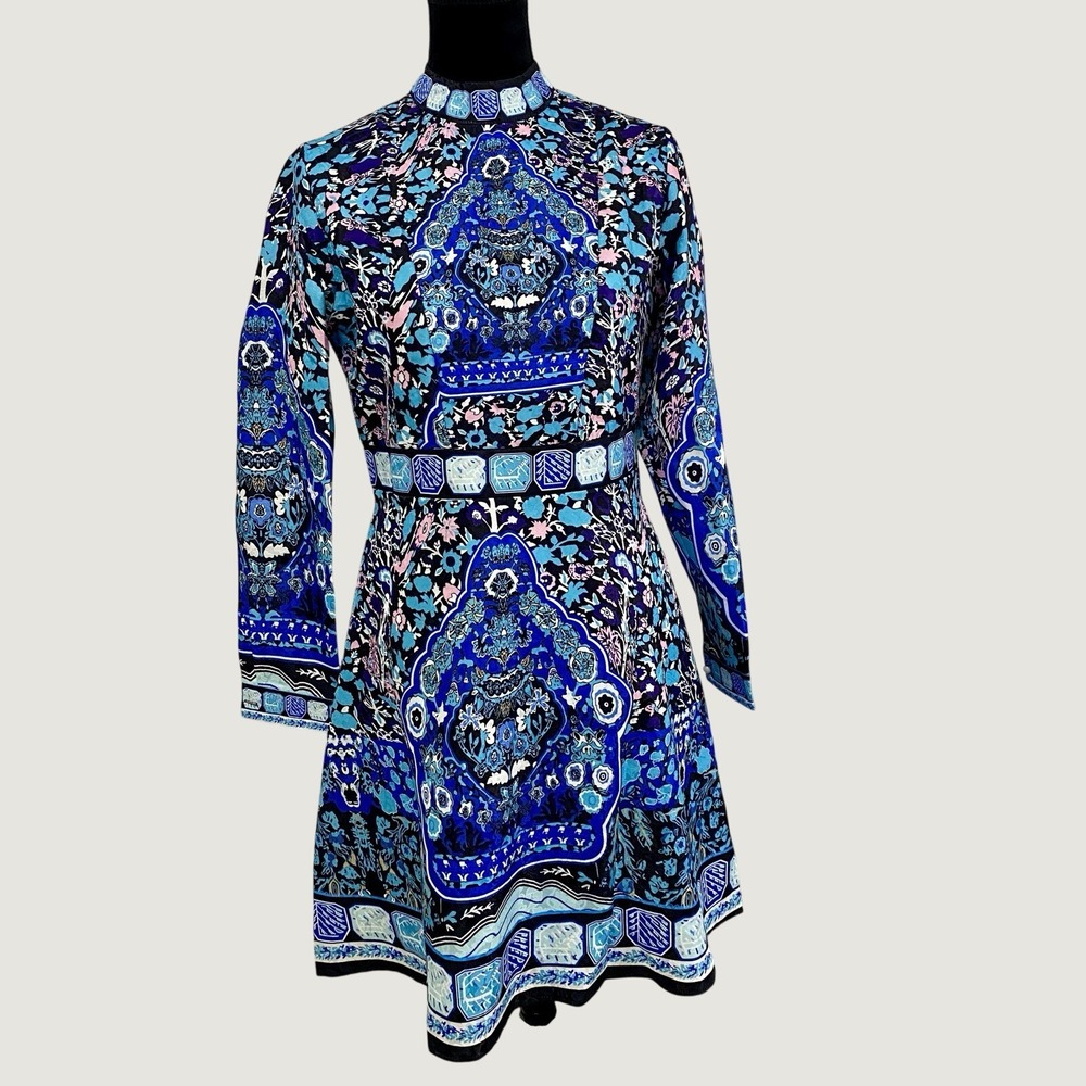 Dalia MacPhee Blue Medallion Print Mock Neck Long Sleeve Designer Dress Medium